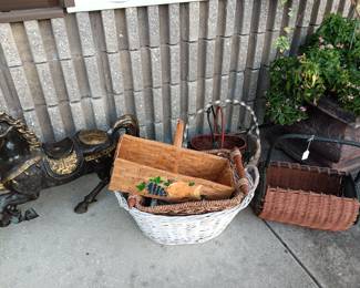 Large Asian bronze horse and woven baskets