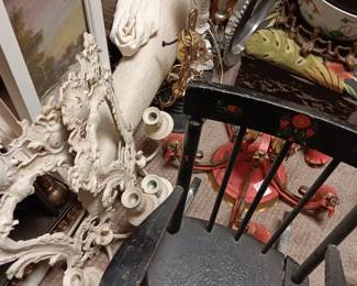 Bronze painted mirrors, childs chairs, metalware