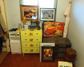 Old trunk and dresser. Vintage toy race track