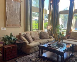 8x10 beautiful rug, wood cocktail table,  window treatments for sale also