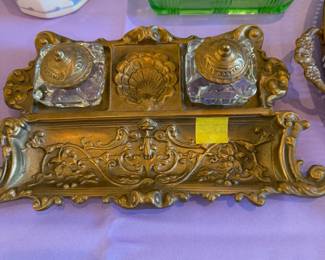 Antique brass and cut glass inkwell desk set