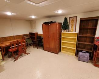 Lots of furniture for sale, including bookshelves and tables