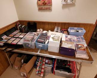 Holiday decor, CDs, and cassette tapes
