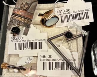 Sterling MA Signed Brooch, Sterling and Onyx Brooch, 14k Avedon Cufflinks