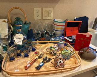 Serving Tray, Silverware, Blue and Gold Decanter Set