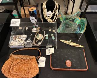 Vtg Michel Swiss Purse, Vtg Dior Crossbody Purse, M.J Bailey Glass Sculpture, Sterling & Beaded Necklace, Vtg Signed Craig Huber Kaleidoscope, 19k Green Stone Ring, Sterling MA Signed Brooch, Sterling and Onyx Brooch, 14k Avedon Cufflinks