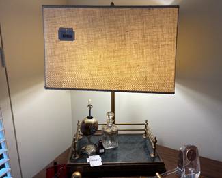 Brass Platform Lamp, Vtg Mate Gourd Cup & Straw