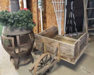 Wheel barrow, fireplace stove