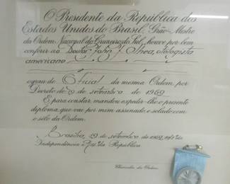 1960's Brazilian Honor Medal & Certificate Given to Dr John J. Shea of Memphis, TN for Free Medical Services He Performed for People in Brazil in the 1960's