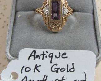 Antique 10 K Gold, Amethyst & Diamond Ring