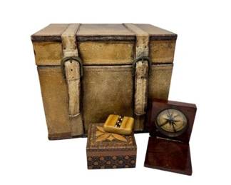 9 LeatherBoxwCompassWoodenTrinketBoxes4PcLot