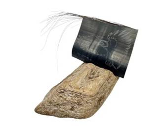 25 CarvedEagleArtonHornPanelMountedonDriftwoodBaseSigned