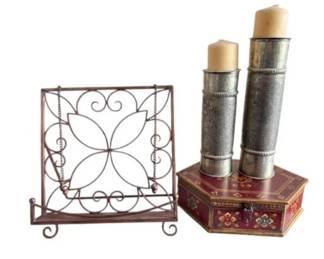 6 MetalCookbookStandSilverCandleHoldersHexagonalBoxSet