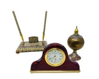 3 HowardMillerDeskClockBrassTempleJarPersianPenHolderLot