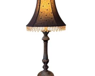 30 OrnateTableLampwCarvedBaseBeadedFabricShade