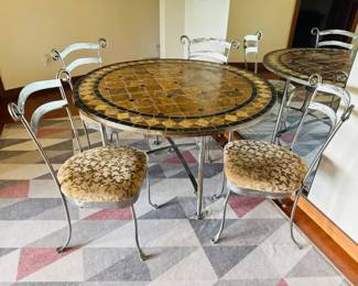 41 RoundMosaicTileDiningTablew4MetalScrollBackChairs