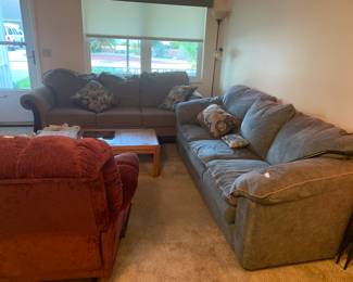 Living room furniture includes an almost new sofa, and very comfy vintage sofa and a recliner