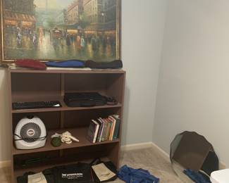 Original artwork, cabinet shelf, books, heater/cooler, vintage, scalloped, mirror, etc.