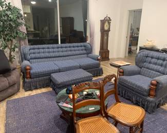 Vintage living room, set, lift recliner, armchair, vintage dining, chairs, rug, and coffee table