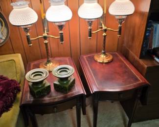 Vtg Mid Century Brass Double Arm  Table Lamps White Milk Glass Shades.