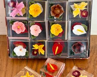Vintage Lucite - trapped flowers - placecard holders