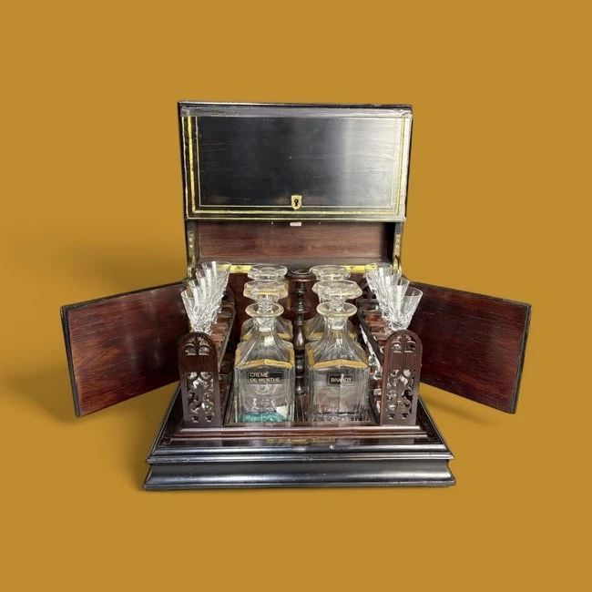 French Napoleon Liquor Bar Cellar Cabinet w/ Decanters & Cordials - Ebony Case