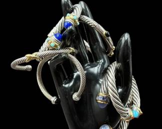 Estate Lot of 6 David Yurman Sterling & 18k Gold Gemstone Cuff Cable Bracelets