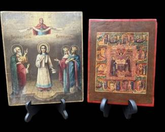 Estate Lot of 2 Antique Russian Religious Icons on Wood Panel