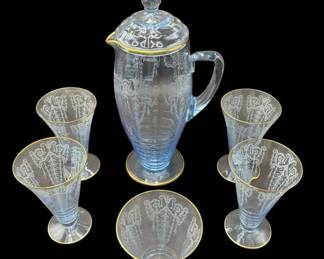 Vintage Cambridge Blue Etched Glass & Pitcher 6pc Iced Tea / Beverage Set