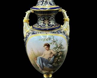 Sevres Style Blue Ground Meissen Ovoid Two-Handled Urn Vase- AS IS