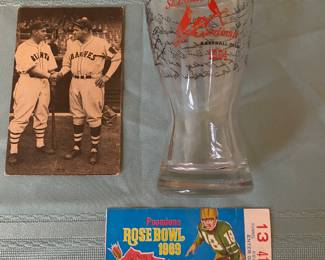 1935 "The Babe" postcard, 1964 St. L Cardinals World Champion Glass, 1969 RoseBowl Ticket