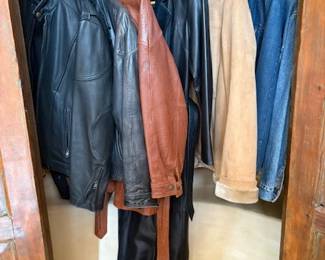 Lots of men's and women's coats, including like new motorcycle leather, men's medium