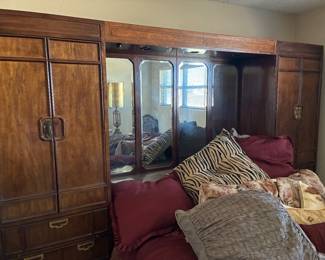 Beautiful Thomasville Bed Wall With 2 wall units, header, mattress and box springs, linens and bed rails!

Also a complimentary tall matching Thomasville  chest of drawers.  
