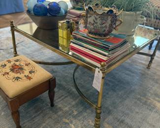 Mid-century brass and mirrored top coffee table, needlepoint footstool, fun vintage Neiman Marcus catalogs and coffee table books, Chinese porcelain Jardinere, 9’ x 12’ rug