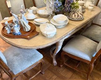 Antique white dining table with 2 leaves, set of 8 (2 armchair) Drexel Heritage upholstered chairs, Lladro, Haviland, Johnson Brothers