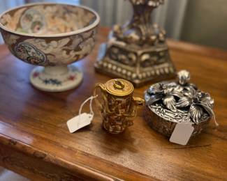 19th century Imari footed bowl, Satsuma saki pitcher, vintage Neiman Marcus pewter box, antique French side table