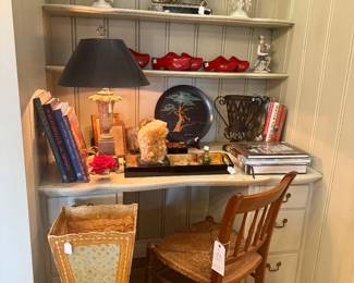 Florentine trash can, coffee table books, Couroc tray, fun accessories 