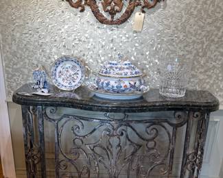 Granite/iron console, antique French carving, Blue Onion serving pieces (Included in set), crystal ice bucket