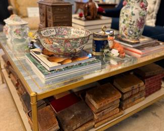 Antique books, rose medallion, black forrest wood