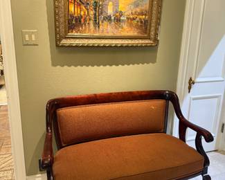 Beautiful upholstered bench, Stephane Wrobel original oil