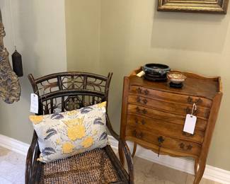 Bamboo chair, darling antique Belgium cutlery cabinet