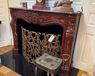 19th century red marble and gilt French mantel clock, fireplace accessories