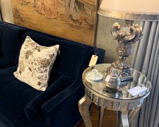 Vintage Thorens silver metal music box, mirrored side table