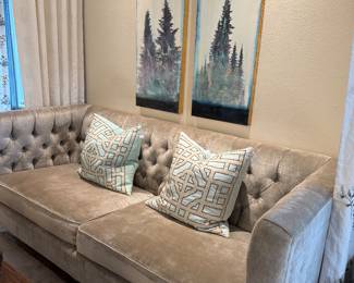Tufted sofa, pair of original signed art