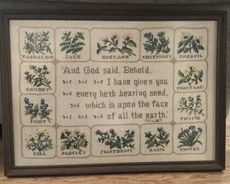 Vintage Hand Stitched Herb Framed Art