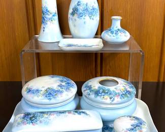 Antique hand painted porcelain vanity set by Sandwich Studios of Corsicana
