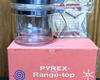 Vintage Pyrex Double Boiler that was never used. It was found up in the attic in its original box