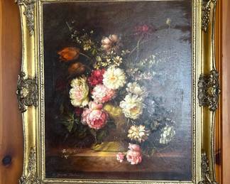 Still life of flowers oil on canvas painting by Hungarian artist, Elias Jozsa (1932- )