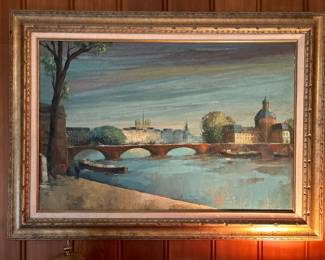 Mid Century French Painting of the bank of the Seine by French Artist Leon Carbeau (Corbeau)