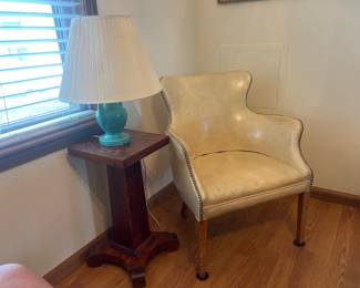 Vintage Vinyl & Wood Chair with Table and Lamp